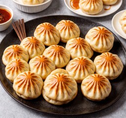 A platter of golden-brown steamed buns served with dipping sauce.