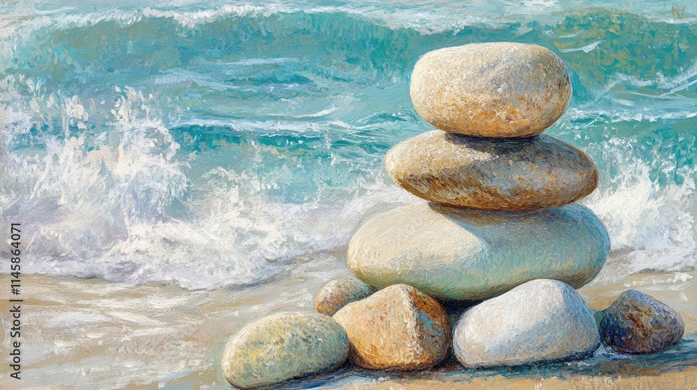 Poster balanced stack of smooth stones on sandy beach with gentle ocean waves in the background creating a 