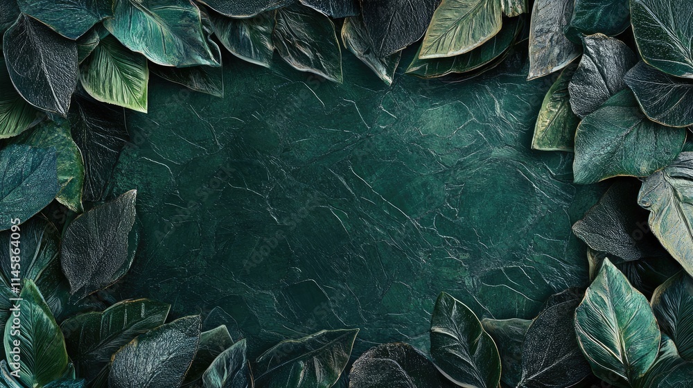 Poster textured green leaves border creating a translucent backdrop for natural and botanical themed design