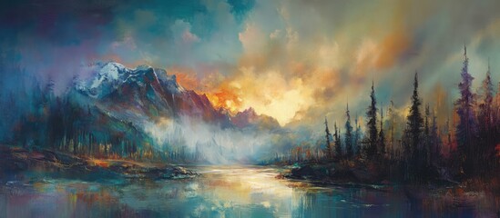 Serene landscape painting of Athabasca Falls featuring vibrant colors, mountains, and reflective water under a dramatic sky.