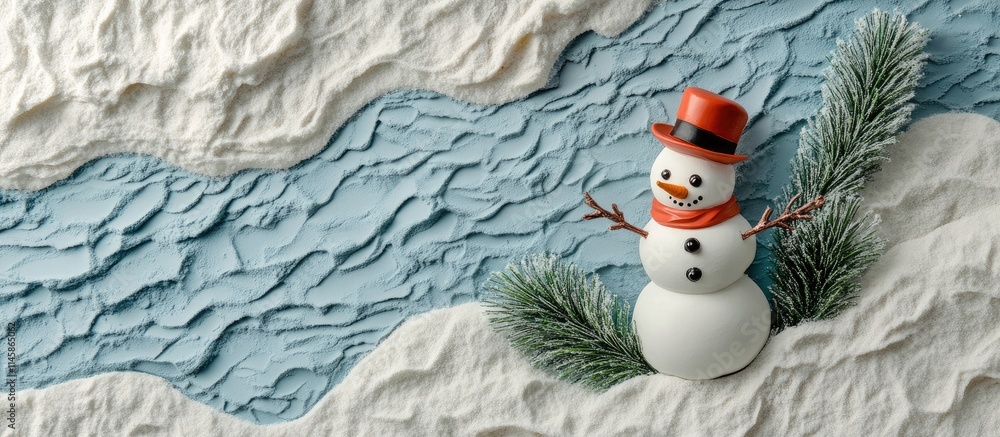 Poster cheerful snowman decoration with fir branch on artificial snow background capturing a whimsical wint