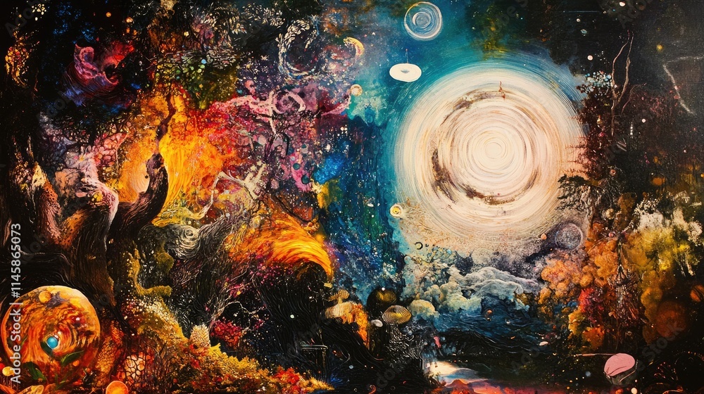 Poster vibrant abstract cosmic landscape with colorful swirls and celestial elements creating a dreamy and 