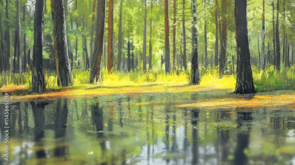 Aufkleber lush pine tree trunks reflecting in tranquil swamp waters amid vibrant greenery and soft blurred bac