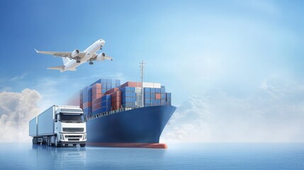 Cargo ship loaded with containers, truck onboard and airplane flying above, symbolizing global urgent shipment and delivery services