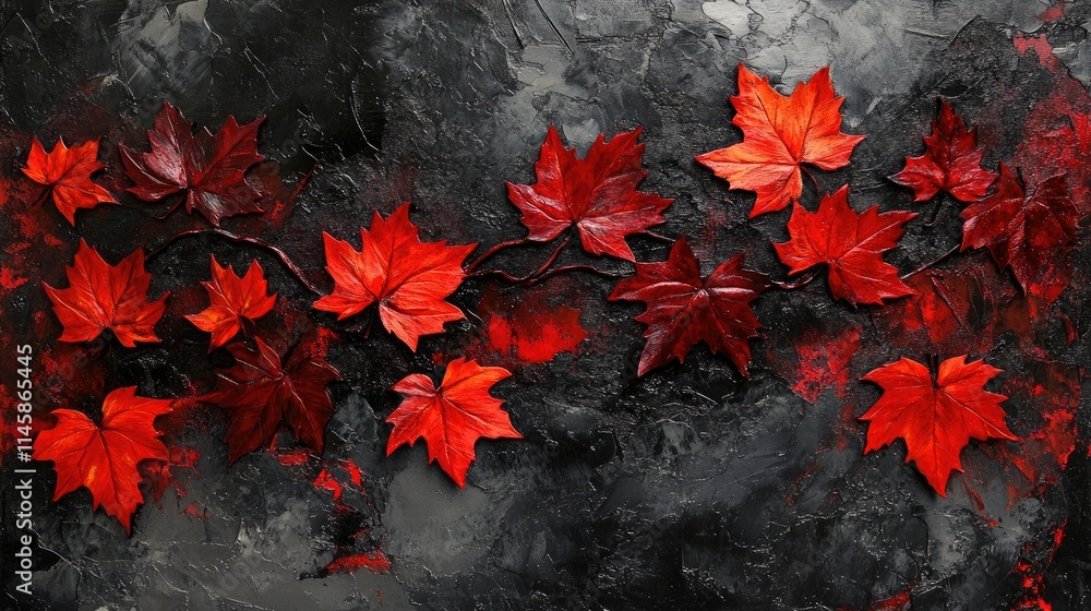 Poster vibrant red autumn maple leaves artfully arranged on a textured dark background creating a striking 