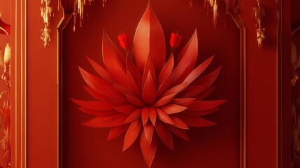 A vibrant red floral design featuring layered petals and tulips against a matching backdrop.