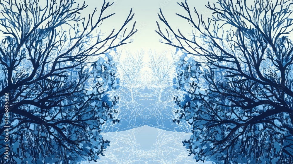 Poster serene winter landscape with snow-covered forest and intricate tree branches displaying a tranquil a