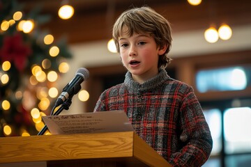 A student practicing a holiday speech for the school assembly. They are standing at a podium, Generative AI