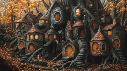 Enchanting autumnal village nestled within a giant tree's roots, featuring whimsical houses, tiny figures, and magical ambiance.