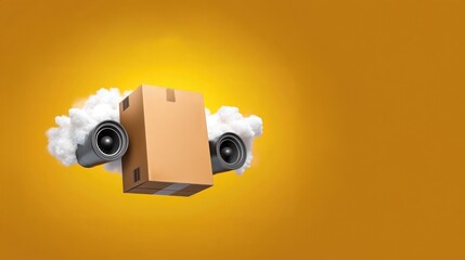 Realistic cardboard box flying with two engines against a yellow background, symbolizing urgent shipment and speedy parcel delivery