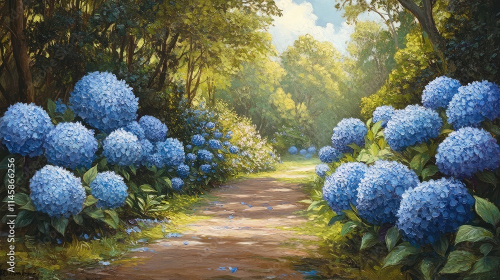 Poster tranquil pathway adorned with vibrant blue hydrangea bushes creating a serene and colorful atmospher