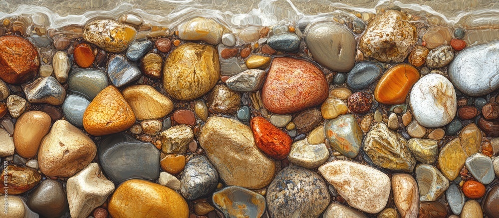 Poster scenic shoreline view showcasing colorful rocks and pebbles with gentle waves creating a serene and 