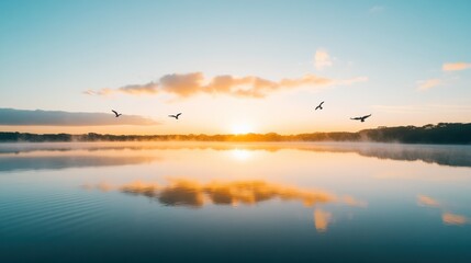 Naklejka premium Serene sunrise over calm lake with birds in flight, reflecting golden light.