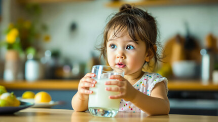 Cute little girl drinking milk from a glass, showcasing the importance of healthy eating habits and the innocence of childhood during a candid everyday moment