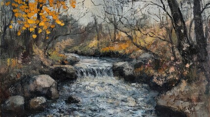 Tranquil river flowing through a serene autumn landscape with colorful foliage and rocky banks evoking a sense of peaceful nature.