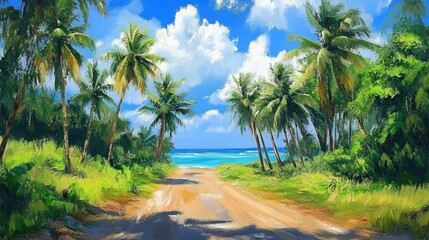 Obraz premium Scenic coastal village road lined with coconut trees under a vibrant blue sky and fluffy clouds by the beach.