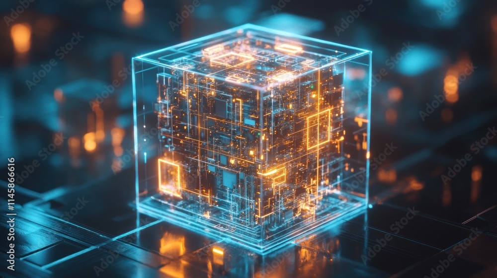 Poster futuristic transparent cube with glowing circuitry: digital core of innovation and technology