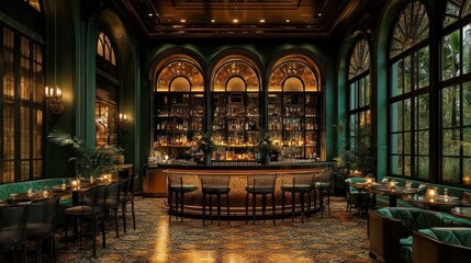 Obraz premium Luxurious, dimly lit bar with emerald green accents, arched windows, and a curved bar counter.
