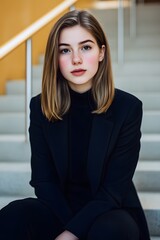 Obraz premium Young Woman in Black Blazer on Stairs Portrait
