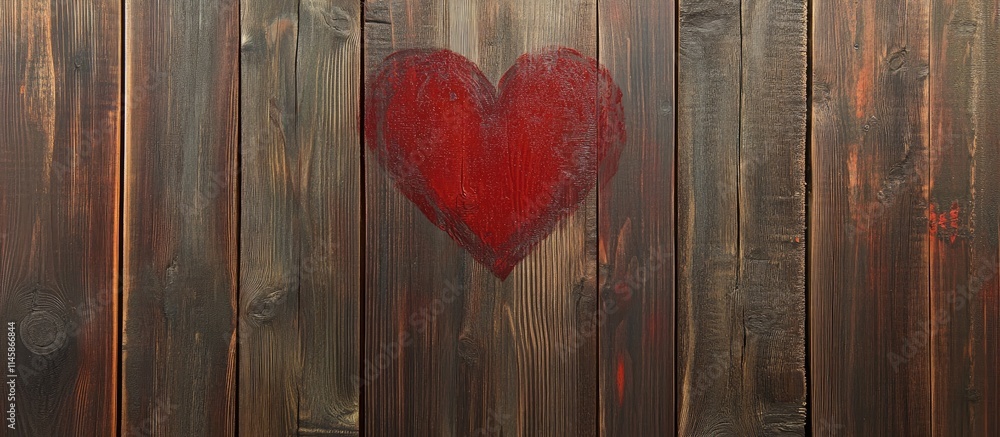 Poster red heart painted on rustic wooden backdrop with ample blank space for creative design and texture p