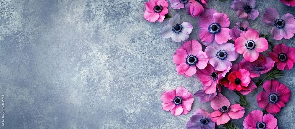 Poster vibrant anemone flowers in pink hues arranged on a textured gray stone background with ample copy sp
