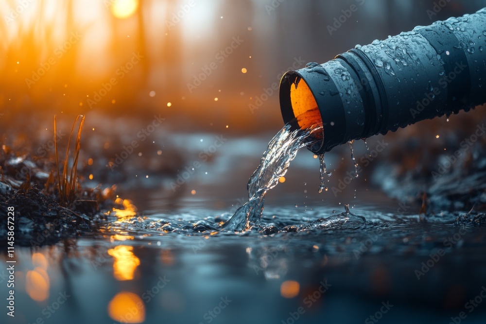 Poster water flows from a pipe into a tranquil stream during sunset in a serene forest setting