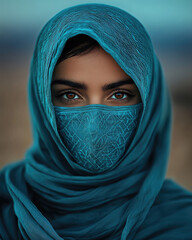 a woman wearing a blue headscarf and face covering, revealing her expressive eyes