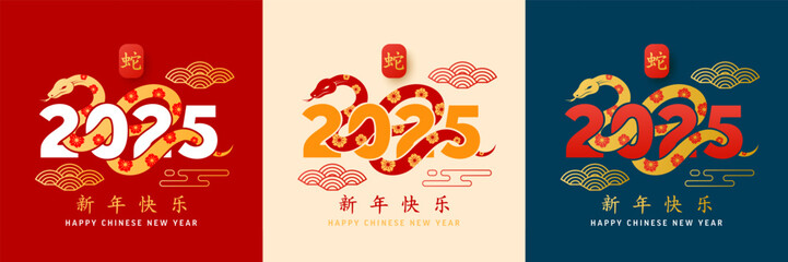 Chinese New Year 2025 Snake Theme with Gold and Red Decorative Patterns,Traditional Asian Elements and Multicolor Background Variations for Lunar New Year Celebration.Vector illustration eps 10