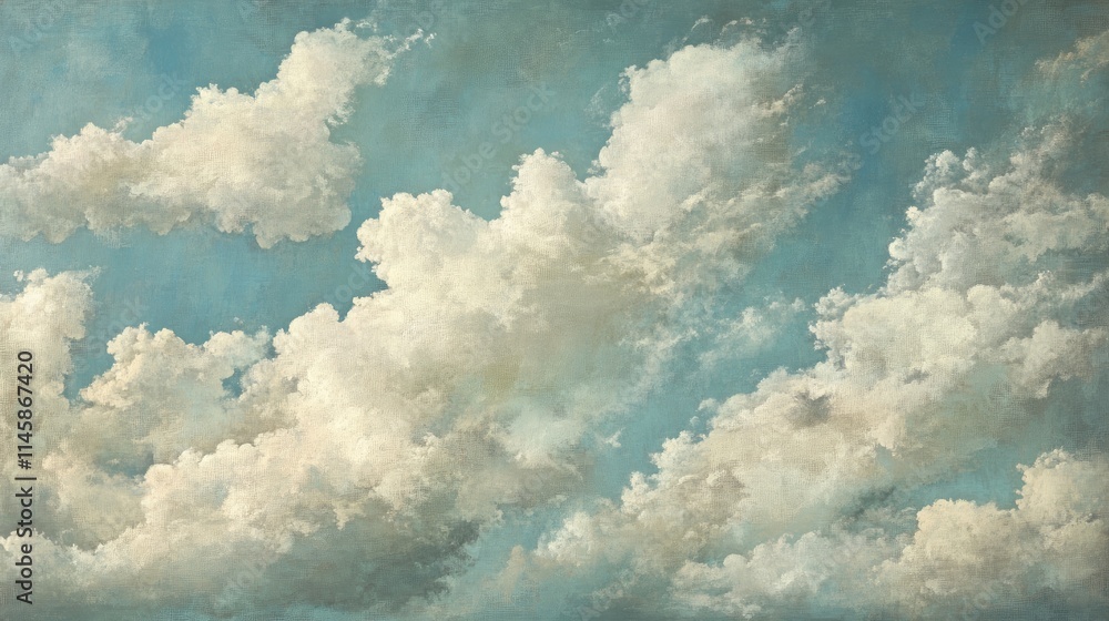 Poster fluffy white clouds on a serene blue sky creating a textured background for artistic and creative pr