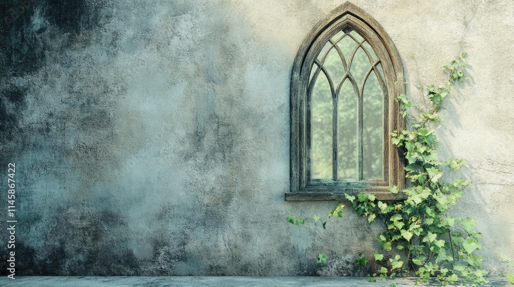 Poster gothic window on aged plaster wall adorned with climbing ivy creating a serene and timeless atmosphe