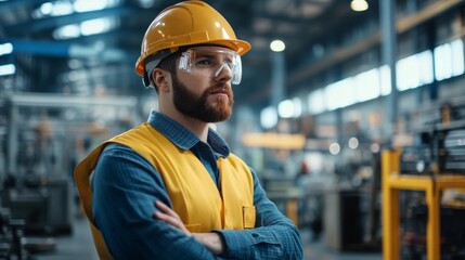 Professional Caucasian manager engineer wearing safety hardhat is training industry worker, workshop factory operator, mechanical engineering team production in heavy industrial manufacture factory.