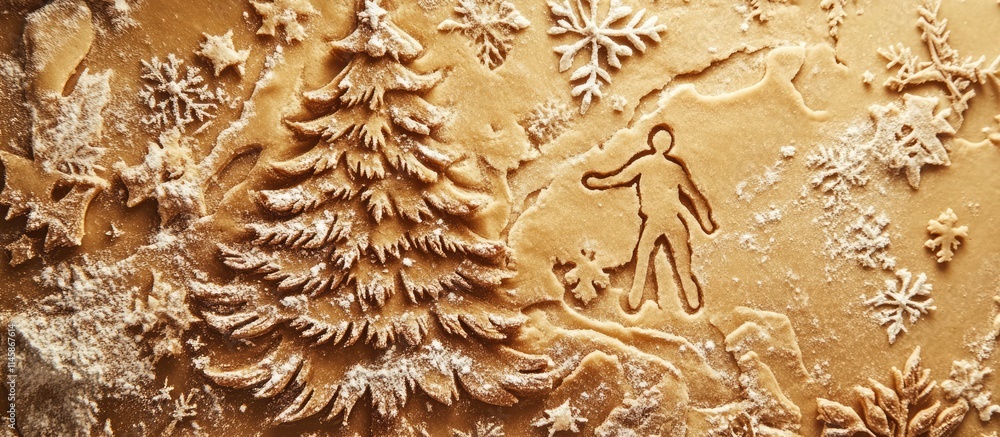 Poster holiday cookie dough cutouts featuring a tree and festive shapes with flour dusting creating a warm 
