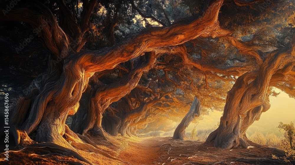 Poster majestic summer forest path enveloped by stunning ancient trees and warm sunlight creating a serene 