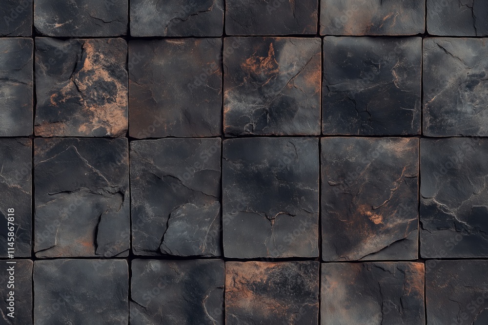 Poster a close-up view of a textured stone tile surface featuring dark, weathered stones with subtle variat