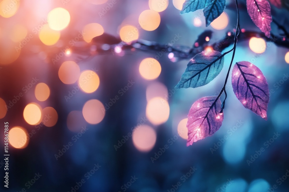 Poster colorful leaves illuminated by soft lights create a magical atmosphere in a twilight forest setting