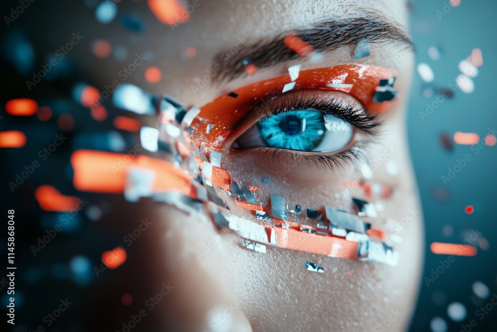 Poster dynamic close-up of a vibrant blue eye with fragmented elements creating a futuristic effect during 