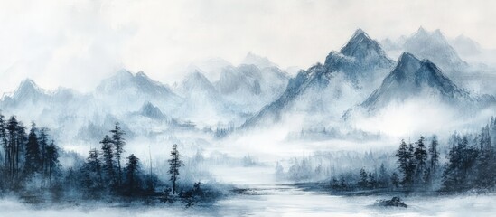 Fototapeta premium Serene mountain landscape shrouded in white mist with lush forests and tranquil waters creating a peaceful atmosphere.