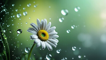 Daisy and water droplets against a green backdrop