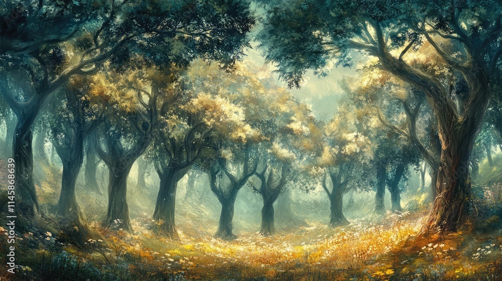 Poster lush summer forest with vibrant trees illuminated by soft sunlight creating a serene and enchanting 