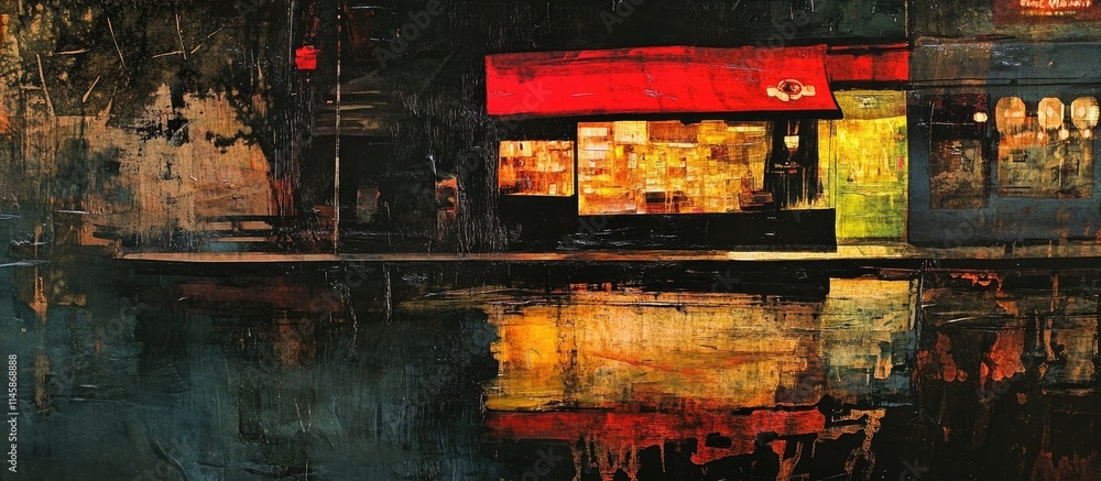 Poster serene riverside store illuminated at night with reflections in water creating a tranquil atmosphere