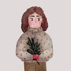 Brown-haired girl holding a sprig of pine, winter-inspired, natural and serene atmosphere.