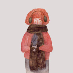 Watercolor illustration of a red-haired girl wearing headphones, holding a cup of hot drink, cozy winter atmosphere.