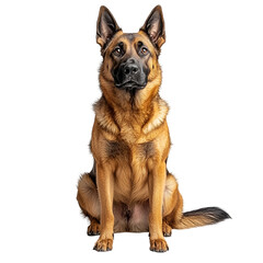 Fototapeta premium Angled view full body shot of an extremely perfect looking single Belgian Malinois Mix animal isolated on a white transparent background