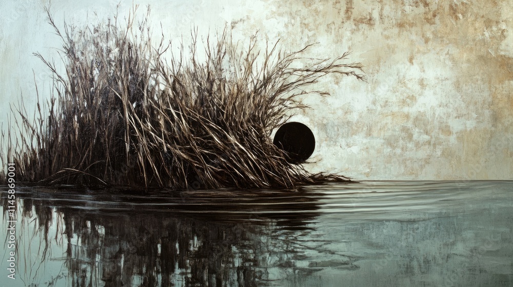Poster serene landscape featuring osier against tranquil water with a soft textured background and subtle r