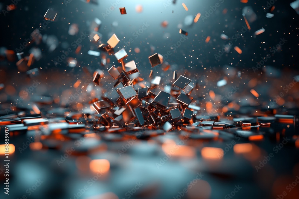 Poster dynamic explosion of metallic cubes creating a striking visual impact in a dark environment