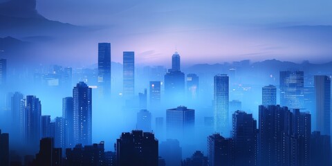 Obraz premium Dense fog completely envelops a modern city skyline creating a captivating urban scene