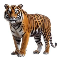 Obraz premium Angled view full body shot of an extremely perfect looking single Bengal Tiger animal isolated on a white transparent background