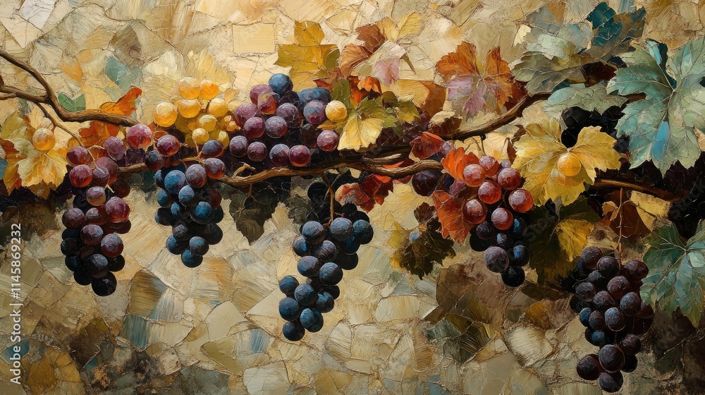 Poster vibrant grapevine with a bounty of ripe and colorful grapes on a textured canvas background