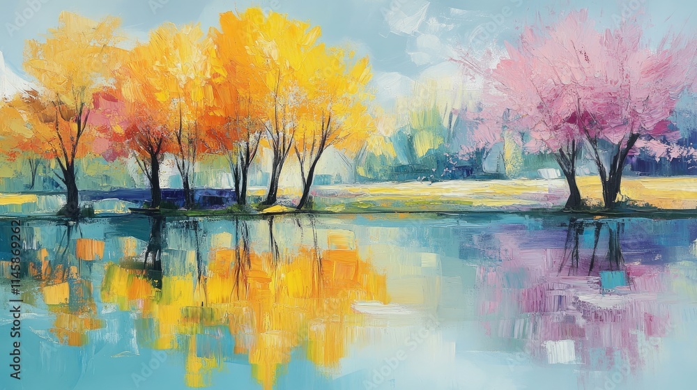 Poster vibrant spring landscape with colorful trees reflected in calm river water creating a serene nature 