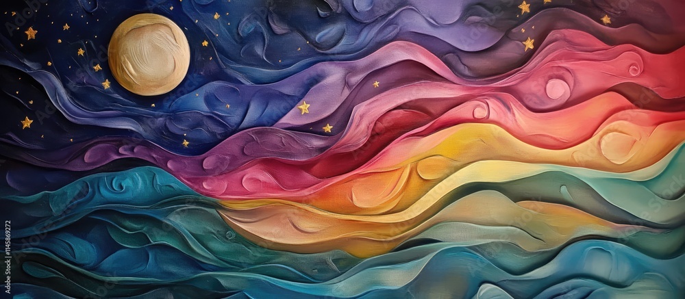 Poster colorful abstract wave patterns under a starry night sky with a moon creating a serene and dreamy la